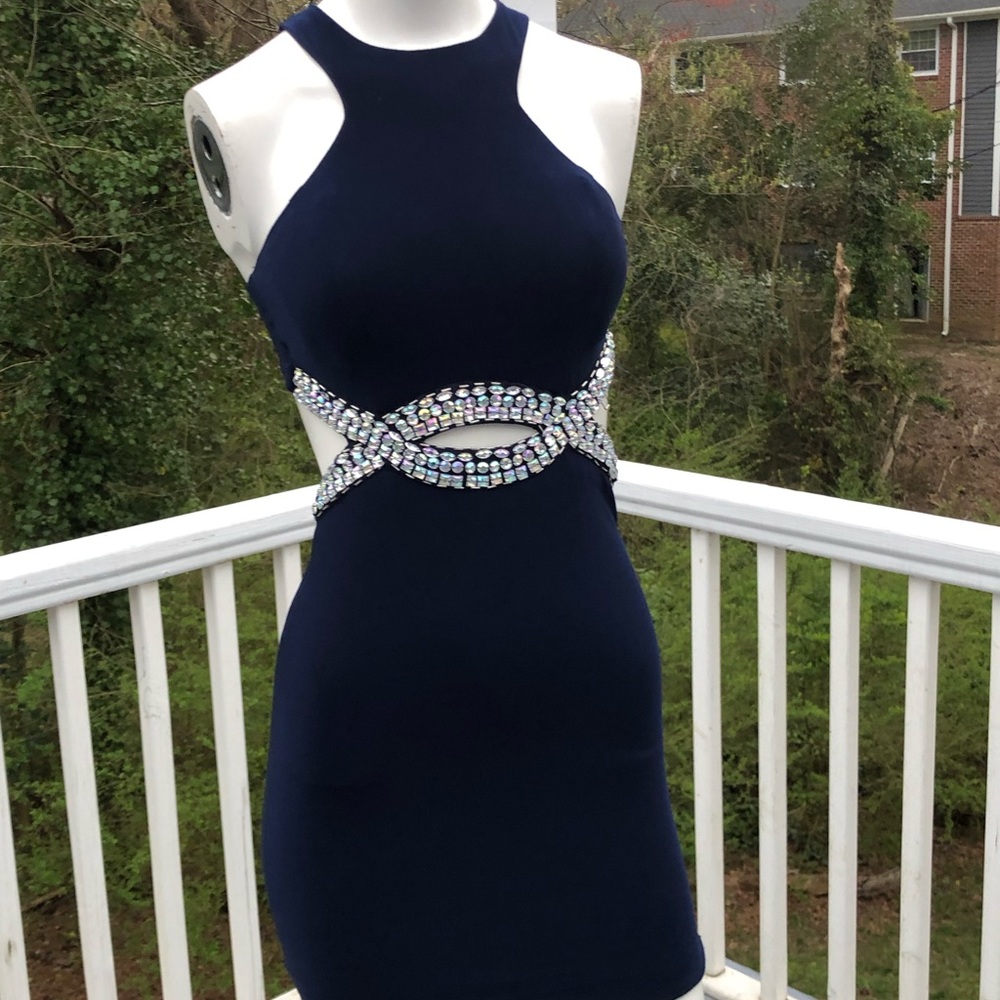 Halter mini dress navy, rhinestone waist